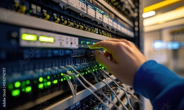 Fototapeta Close-up of a hand adjusting a server rack.  Green LEDs illuminate connections