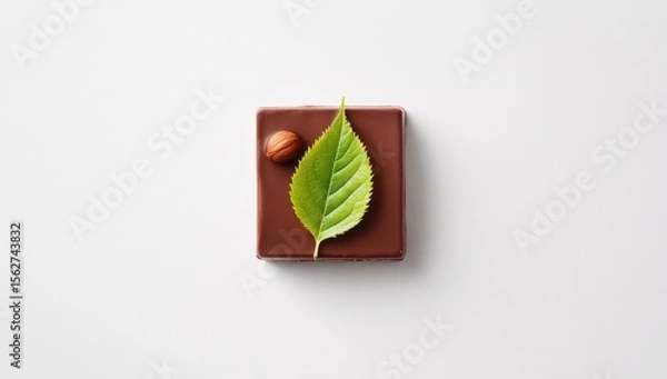 Fototapeta Square dark chocolate confectionery with a single green leaf and hazelnut