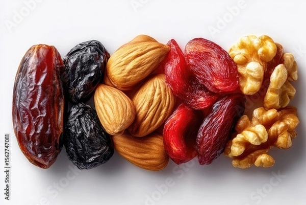 Obraz Assorted dried fruits and nuts displayed on a white surface.