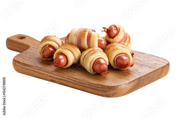 Fototapeta Pigs in a Blanket Appetizers on Wooden Board, Sausage Rolls with Bacon and Pastry Dough, Savory Snack isolated on transparent background