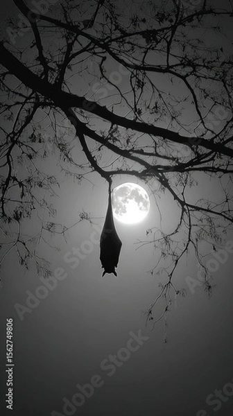 Fototapeta Bat Hanging from Tree Branch Under Full Moon in Black and White