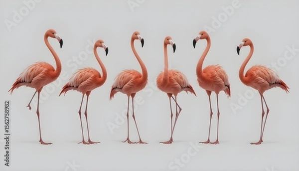 Fototapeta Set of Flamingos in Varied Poses Isolated on White Background