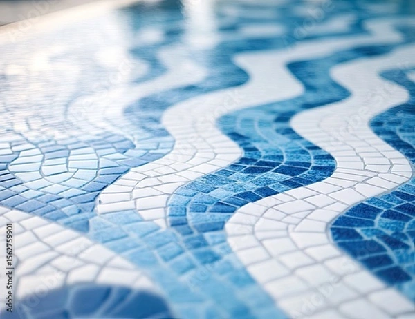 Fototapeta Close-up view of a mosaic tile pattern, featuring flowing blue and white waves