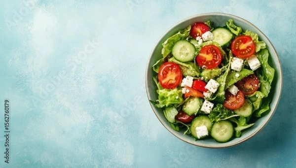 Fototapeta Fresh salad in a bowl, featuring lettuce, cucumbers, cherry tomatoes, and feta cheese