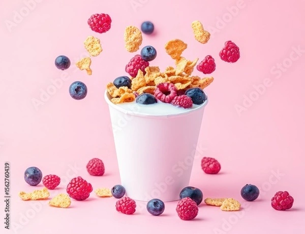 Fototapeta White cup filled with cereal, milk, raspberries, and blueberries.  Floating cereal and berries
