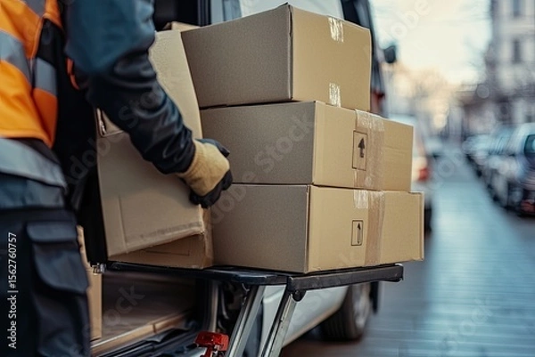 Fototapeta Delivery person loading cardboard boxes into van