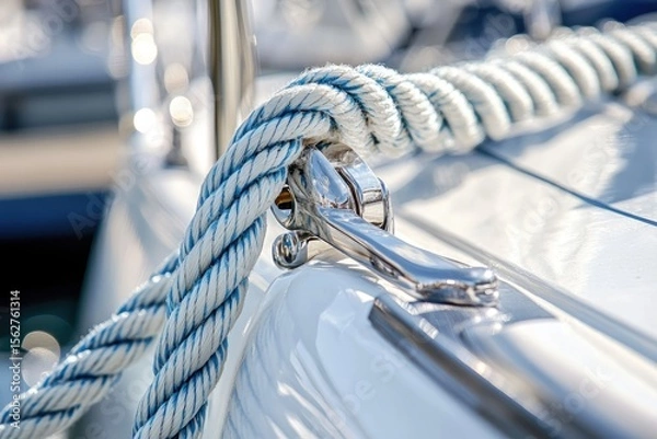 Fototapeta Close-up of nautical rope and cleat.  White rope with blue stripes is secured to a shiny metallic cleat on a white boat