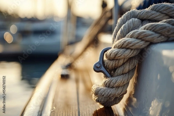 Fototapeta Close-up of nautical rope and metal fitting on a boat.  Sunlight casts a warm glow on the scene