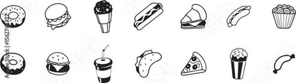 Fototapeta Black and White Icon Set Featuring a Wide Range of Delicious Fast Food and Snack Items in Vector Illustration Style.