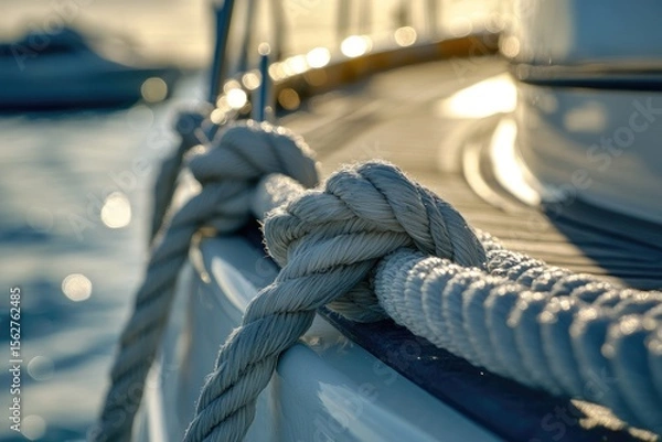 Fototapeta Close-up of nautical ropes tied to a white boat. Sunlight reflects on the water and the hull
