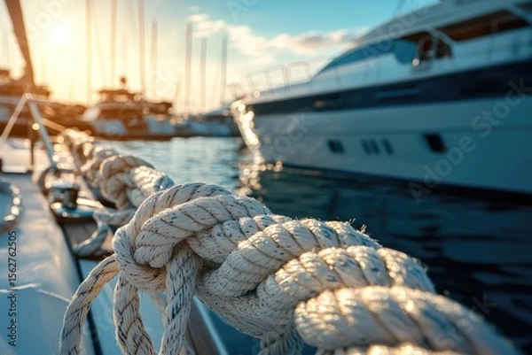 Fototapeta Close-up of nautical rope knots, moored yachts in the background at sunset