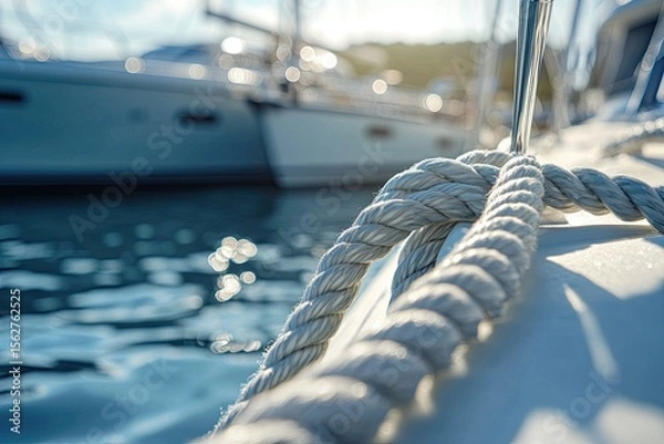 Fototapeta Close-up of mooring rope on a yacht.  Sunlit water and blurred yachts in the background