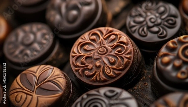 Fototapeta Close-up of assorted dark chocolate truffles.  Decorative patterns embossed on round chocolates.  Rich dark brown hues