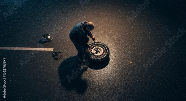 Fototapeta Solitary man struggles with a flat tire on a rain-slicked road at night, illuminated by a single light source.