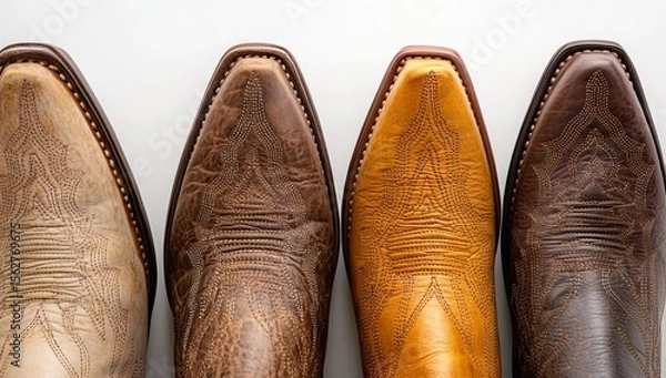 Fototapeta Four pairs of leather cowboy boots in various colors, displayed from the toe.
