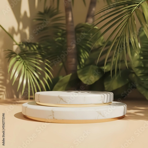 Obraz Elegant two tiered marble display stand with tropical palm leaves and soft lighting