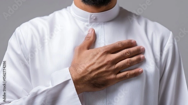 Obraz Close Up of Muslim Right Hands on Chest, Respect Gesture : Suitable for Be Used in Blog Posts, Social Media Posts or Website Content Related to People & Lifestyle Theme.