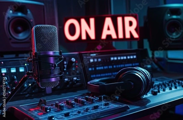 Fototapeta Professional radio studio workspace, illuminated with vibrant neon colors.  Microphone, headphones, audio equipment, and a "ON AIR" sign