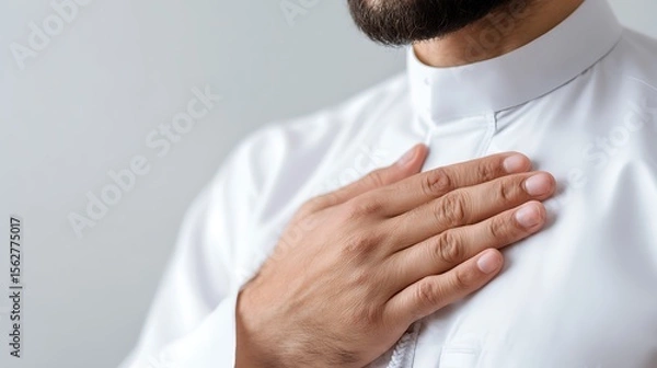 Obraz Close Up of Muslim Right Hands on Chest, Respect Gesture : Suitable for Be Used in Blog Posts, Social Media Posts or Website Content Related to People & Lifestyle Theme.