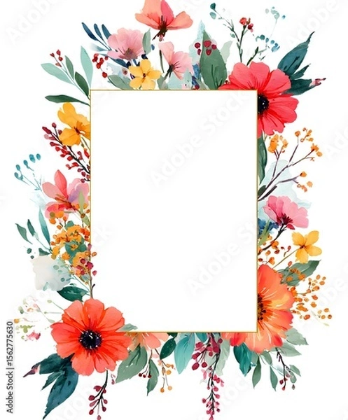 Fototapeta 
A cute watercolor floral frame, with flowers and leaves surrounding the edges of an empty white rectangle in the middle,
