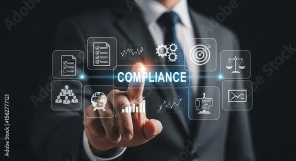 Fototapeta Compliance Illustration Businessman Navigating Regulatory Requirements with Digital Technology