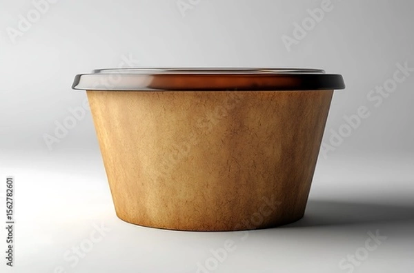 Obraz Round Brown Paper Food Container with Dark Glossy Lid on Light Background

