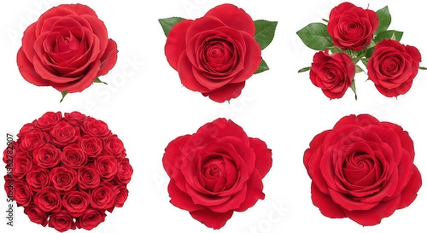 Fototapeta Red roses bouquet and single rose flowers isolated on transparent PNG background for floral design, decoration, and greeting cards