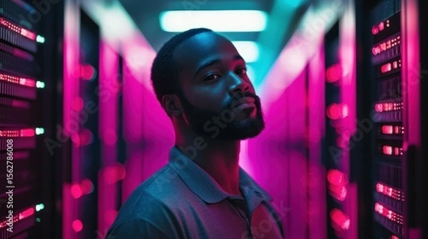 Fototapeta A man standing in a server room with neon lights, wearing a polo shirt, with a serious expression on his face.