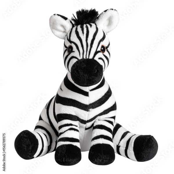 Fototapeta Sitting plush zebra toy with black and white stripes, isolated on transparent background PNG