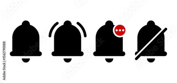 Obraz Black Notification Bell Icons | Alert, Ringing, Message & Mute Symbols Vector