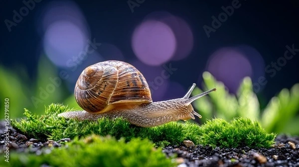 Fototapeta Snail crawling on lush moss nature scene close-up calm environment macro photography