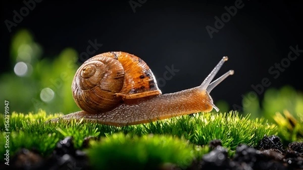 Fototapeta Gentle snail movement lush green moss nature photography close-up macro view serenity