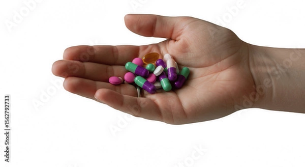 Fototapeta Hand Holding Assorted Pills and Capsules Isolated on Transparent PNG Background