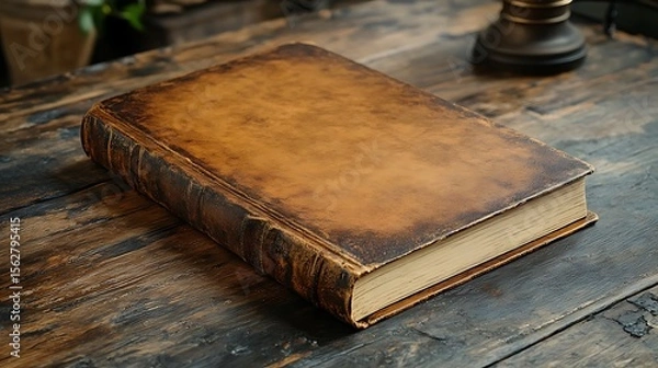Obraz Old Leather-Bound Book on Rustic Wooden Surface

