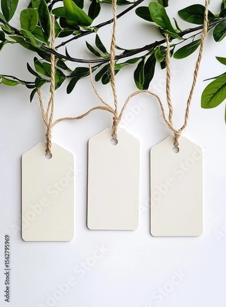 Fototapeta Three blank, cream-colored tags hang from a sprig of greenery
