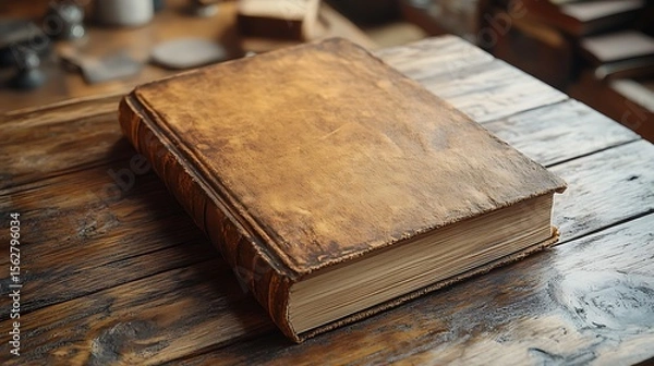 Obraz Old Leather-Bound Book Resting on Wooden Table

