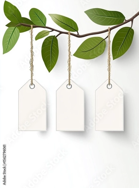 Fototapeta Blank price tags hang from a branch with leaves