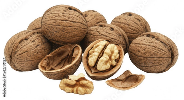 Fototapeta Whole and Shelled Walnuts Isolated on Transparent PNG Background