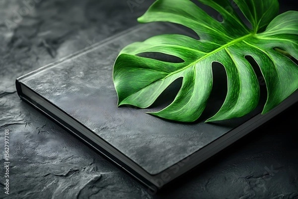 Obraz Monstera Leaf on Black Laptop Placed on Dark Surface

