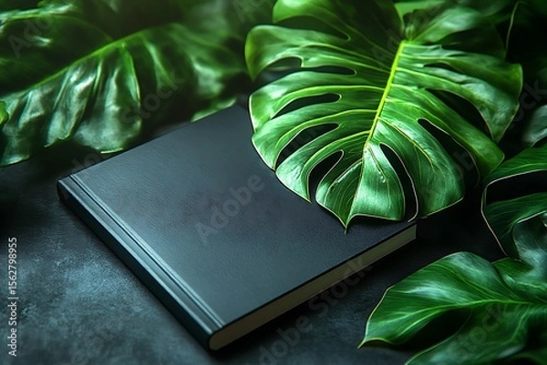 Obraz Black Book Partially Hidden Beneath Lush Green Leaves on Dark Surface

