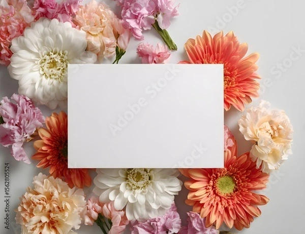 Fototapeta 
Blank white card mockup surrounded by colorful flowers on the edges, flat lay, top view, white background, 