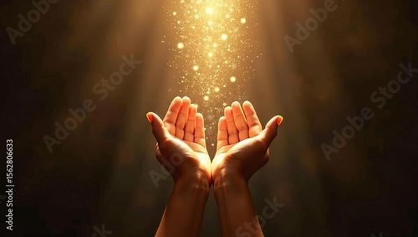 Fototapeta Hope and spiritual light shining down on open human hands with glowing golden particles against dark background