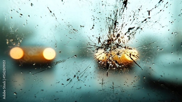 Obraz Abstract View of Raindrops on Glass with Blurred Lights Behind