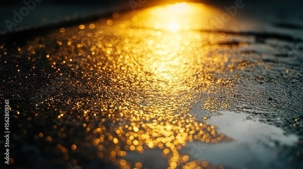 Obraz Sparkling Water Drops on Wet Pavement Reflecting Golden Light