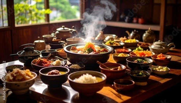 Fototapeta 温かい湯気が立ち上る伝統的な日本料理の食卓風景、木製の器に盛られた色とりどりの和食メニュー