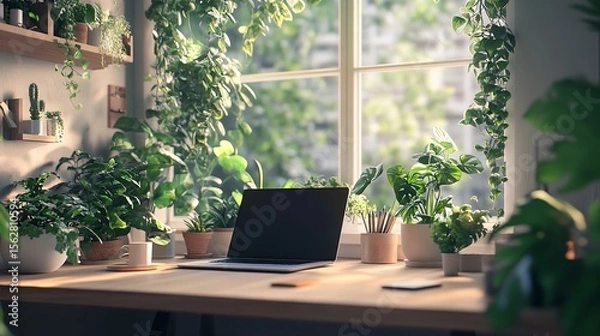 Obraz Cozy home office filled with plants and natural light for remote work and productivity setup