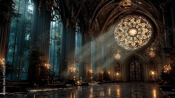 Fototapeta Enchanting gothic hall with forest view and sunbeams through rose window
