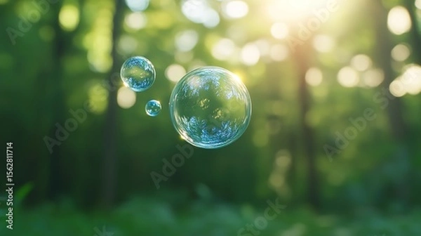 Obraz Floating Soap Bubbles in Lush Green Forest with Soft Sunlight