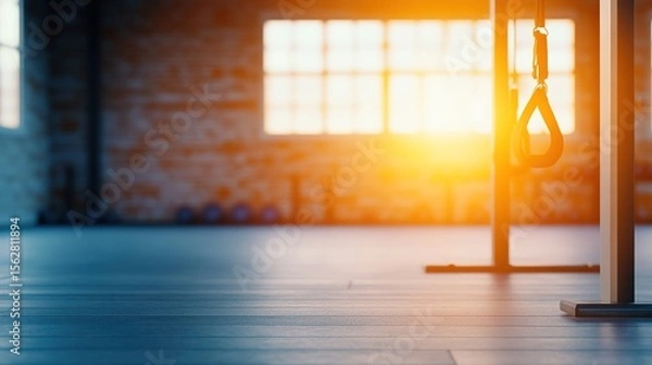 Obraz Warm Sunlight Illuminates an Empty Gym with Fitness Equipment