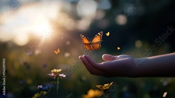 Obraz Delicate Orange Butterfly Flutters Above Outstretched Hand in Nature